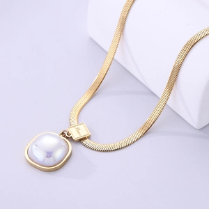 18K gold plated snake chain necklace with square pearl pendant and Love engraving