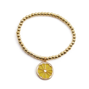 Gold beaded stretch bracelet with a vibrant yellow lemon charm for women summer style