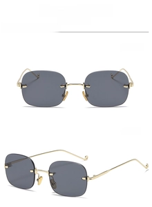 Detail view of gold-black rimless square sunglasses showing front and side angles