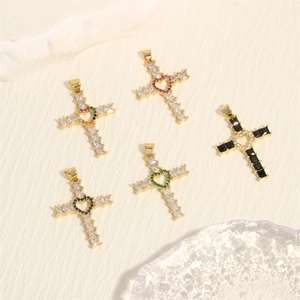 18K gold plated cross heart pendant set with colorful micro-paved cubic zirconia stones