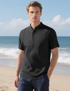 Close-up of black Henley shirt showing mandarin collar and breathable mesh detailing