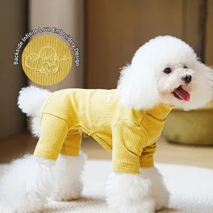 Ribbed Knit Pet Jumpsuit High Neck Dog Pajamas Elastic Four-Legged Puppy Clothes With Heart Embroidery