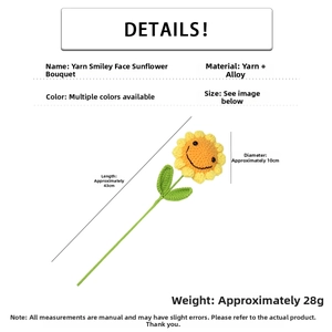 Detailed size chart of handmade crochet sunflower bouquet showing dimensions and smiley face