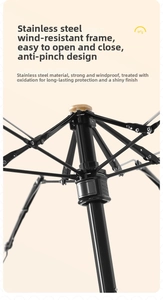 Detail of windproof stainless steel umbrella frame with anti-pinch safety slider