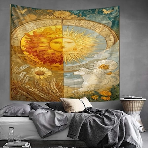 Detail of astrology mandala tapestry with sun and zodiac symbols hanging over a bed
