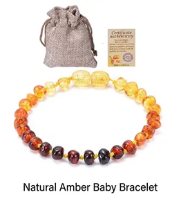 Baltic natural amber baby bracelet with linen pouch and authenticity certificate