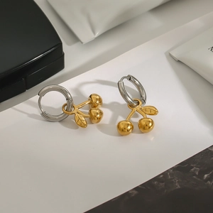 Polished silver hoops with golden cherry pendants, luxury stainless steel earrings