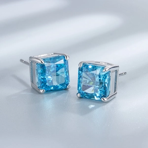 Princess cut light blue stone stud earrings in S925 sterling silver four-claw setting