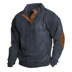 Men's navy striped pullover hoodie with stand collar and brown elbow patches