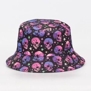 Detailed view of colorful skull and star print on a black streetwear bucket hat