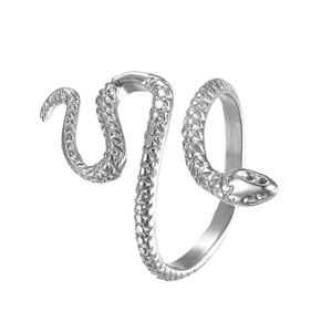 Minimalist silver snake ring in stainless steel with detailed scale texture for women