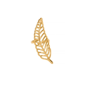 Hollow leaf-shaped stainless steel ring in gold finish with vintage floral engraving