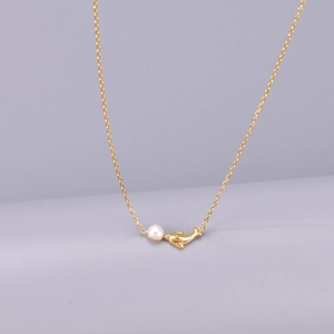 18K gold plated stainless steel necklace with dolphin pendant and freshwater pearl