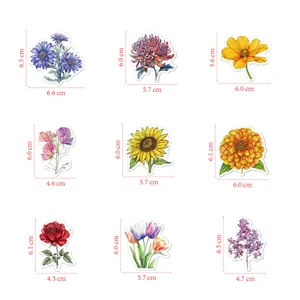 Detailed dimension guide showing sizes for various holographic floral vinyl stickers