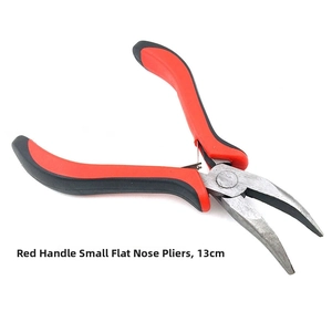 Close-up of 13cm red curved flat nose pliers for jewelry making and DIY crafts