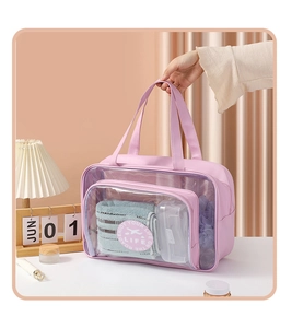 Pink waterproof PVC and PU travel toiletry bag with handle and wet-dry separation