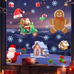 Detailed Christmas window decals featuring Santa Claus, gingerbread man and snowy house