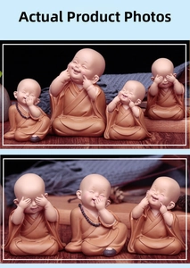 Close-up of Zen little monk figurines with ceramic texture and wooden background