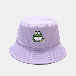Close-up of lavender cotton bucket hat with cute cartoon frog embroidery detail