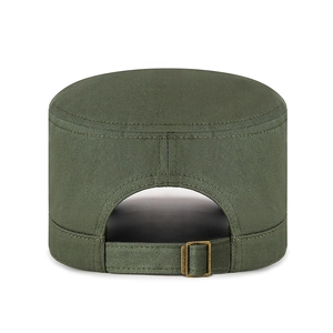Army green cotton cadet cap shown from the back with adjustable copper metal buckle strap