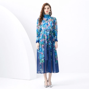 Abito Lungo Maxi In Chiffon Con Stampa Floreale Vintage Da Donna Manica Lunga Collo Alto Elegante Retrò Con Cintura