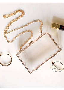 Chic transparent acrylic box bag with gold metal frame and chain for formal events