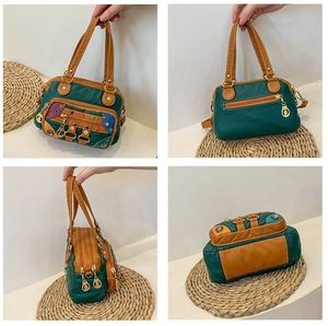 Detailed four-way view of green and brown patchwork PU leather handbag with rivet decor