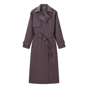 Classic deep purple double-breasted long trench coat with waist tie for women