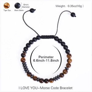 Adjustable Morse Code Tiger Eye and Black Matte Stone beaded bracelet with woven cord