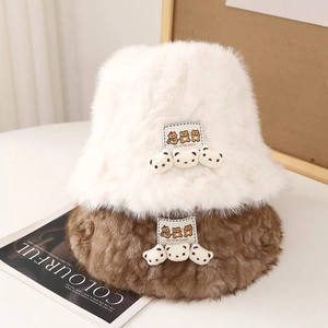 Plush teddy bear bucket hat in cream and brown faux fur with cute 3D ornaments
