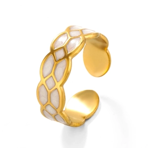 18K gold plated stainless steel open ring with white enamel diamond pattern inlay