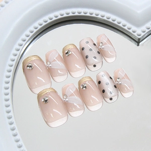 Champagne french polka dot press-on nails with 3D flower and pearl embellishments
