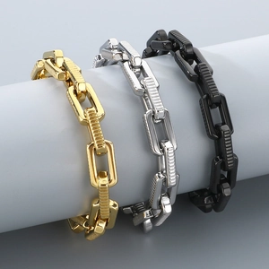 Men Chain Bracelet Stainless Steel Textured Geometric Rectangular Link Industrial Style Adjustable Metal Jewelry For Men