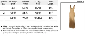 Detailed size chart for backless V-neck maxi dress with measurements for S M L