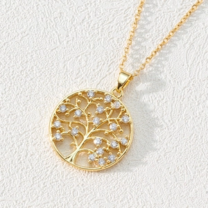 18K gold plated tree of life pendant necklace with white zircons on a round cutout link chain