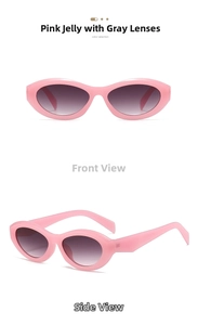 Front and side view of jelly pink oval sunglasses with gradient grey lenses