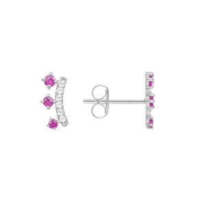 Macro detail of crown earrings with magenta stones and small white diamonds in silver