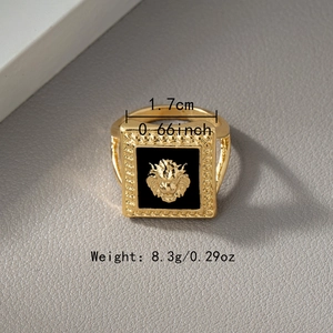 Minimalist square lion head ring in warm gold finish for men, 45-degree angle view