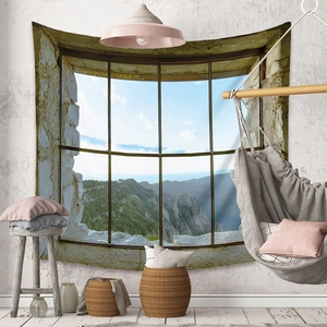 Bohemian wall tapestry featuring high-definition mountain landscape through a window view