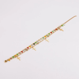 Bracelet double couche en acier inoxydable doré avec perles colorées et croix