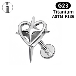 G23 titanium heart labret with star zircon inlay and internal thread structure