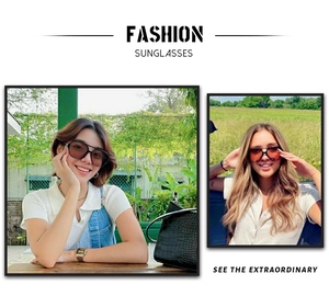 Outdoor shot of stylish oversized pilot sunglasses with dark lenses on female models