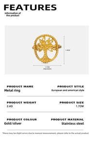 Détails d'une bague arbre de vie dorée ajustable avec les dimensions du produit