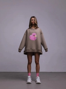 Women Oversized Sweatshirt Cartoon Ente Druck Rundhals Langarm Baumwolle Polyester Mischung American Street Style Top