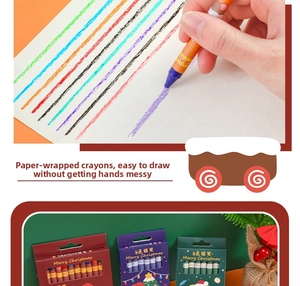 Detail of Christmas 8-color crayon set with Santa packaging and vibrant purple color swatch