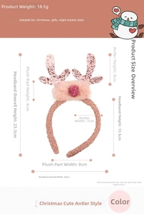 Detail of pink sequin reindeer antlers headband showing 20cm width and 23.5cm height dimensions