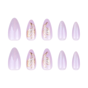 Lilac aurora press-on nails with golden 3D butterfly patterns in almond shape