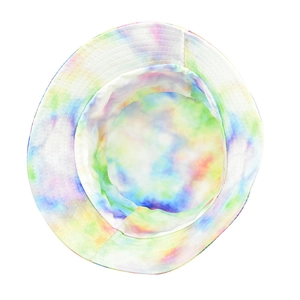 Close-up of colorful tie-dye bucket hat showing detailed stitching and vibrant cotton fabric