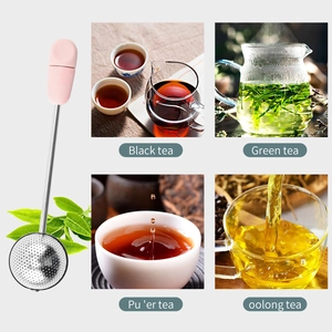 304 stainless steel tea infuser with pink silicone handle and tea steeping scene overview