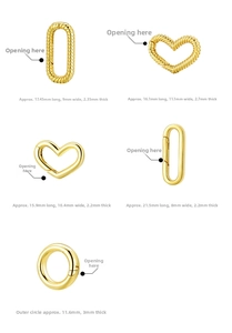 Detailed views of gold S925 spring clasps in heart, oval, and round shapes for DIY jewelry